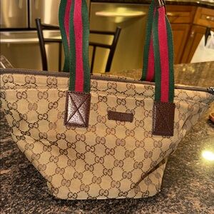 Gucci Beige and Brown Tote with Green and Red Straps
